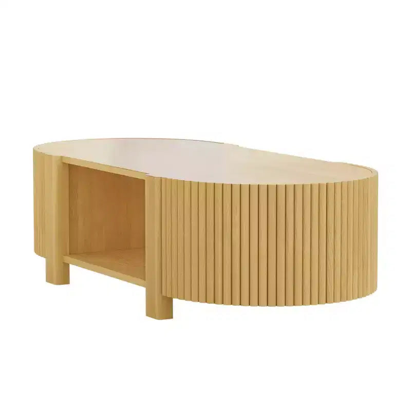 Tavolino moderno 47, Tavolino ovale in legno con contenitore, Tavolino d'accento scanalato per soggiorno, camera da letto, ufficio