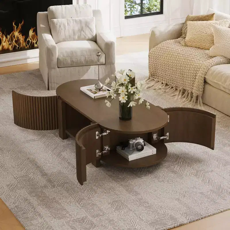 Tavolino moderno 47, Tavolino ovale in legno con contenitore, Tavolino d'accento scanalato per soggiorno, camera da letto, ufficio