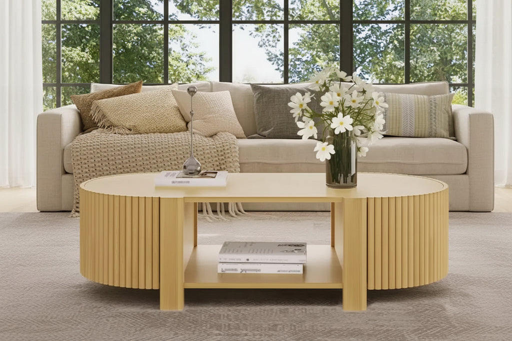 47 Modern Coffee Table, Wooden Oval Center Table with Storage, Accent Fluted Cocktail End Table for Living Room Bedroom Office