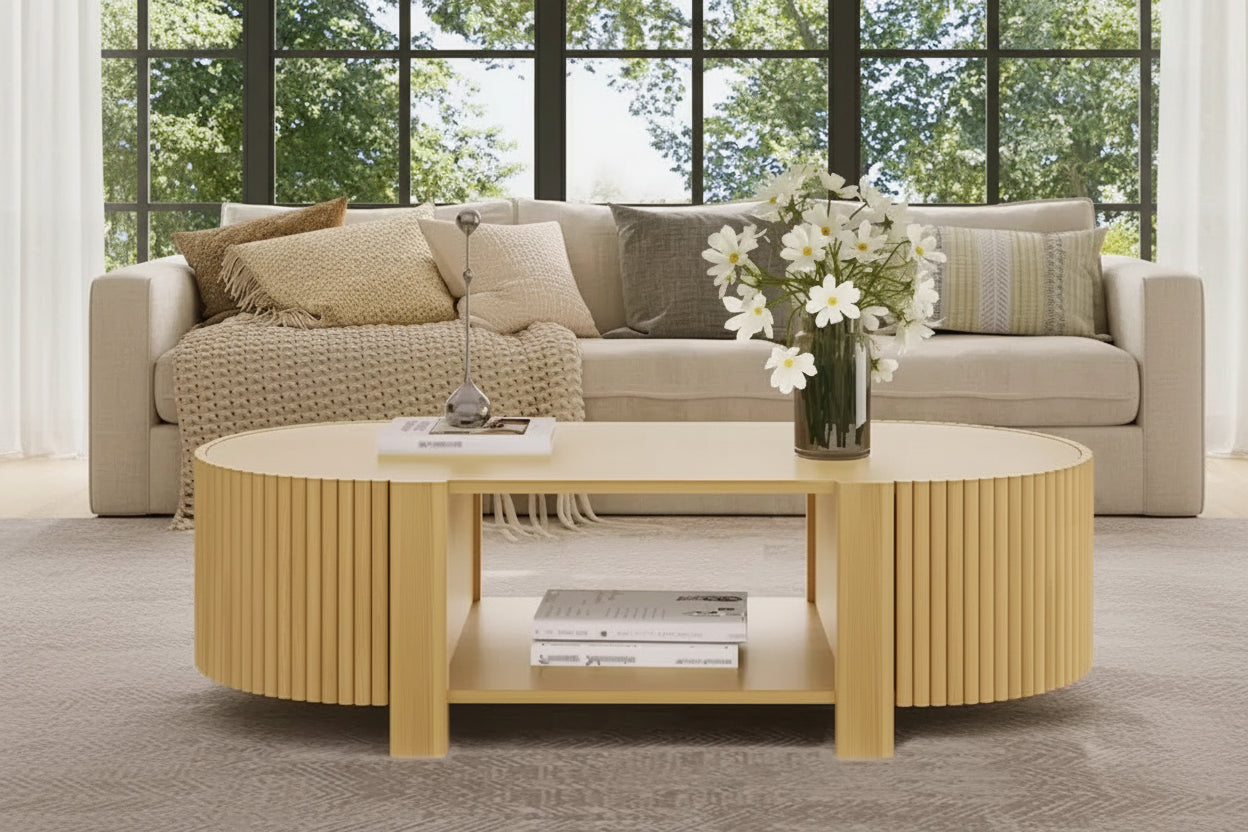 47 Modern Coffee Table, Wooden Oval Center Table with Storage, Accent Fluted Cocktail End Table for Living Room Bedroom Office