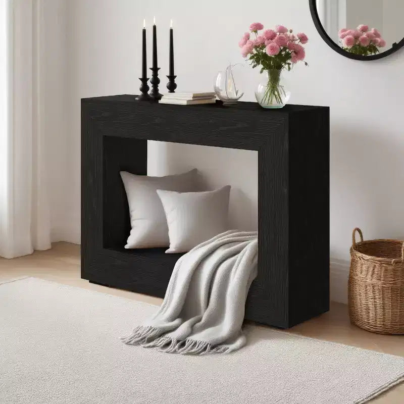 Tavolino d'ingresso stretto e rettangolare, in stile rustico, con ripiani portaoggetti, adatto per soggiorni, corridoi, ingressi e dietro i divani.