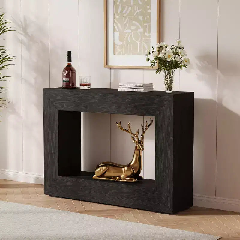 Mesa de entrada estilo casa de campo rústica con estantes de almacenamiento, estrecha y rectangular, adecuada para salas de estar, pasillos, recibidores y para colocar detrás de sofás.