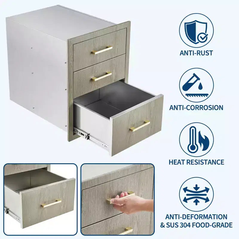 Armadietto da incasso in acciaio inox a 3 cassetti resistente, per cucine da esterno, resistente alle intemperie, con maniglie, nuovo colore Magnolia