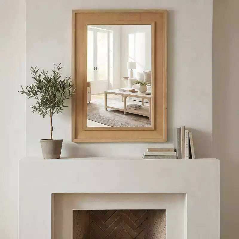 Specchio Decorativo Rettangolare in Rattan con Cornice in Legno Massello - Stile Rustico, Bagno e Ingresso