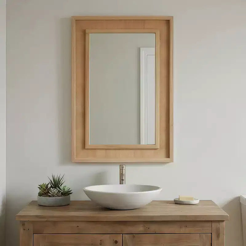 Specchio Decorativo Rettangolare in Rattan con Cornice in Legno Massello - Stile Rustico, Bagno e Ingresso