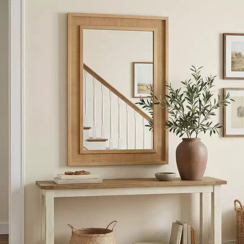 Specchio Decorativo Rettangolare in Rattan con Cornice in Legno Massello - Stile Rustico, Bagno e Ingresso