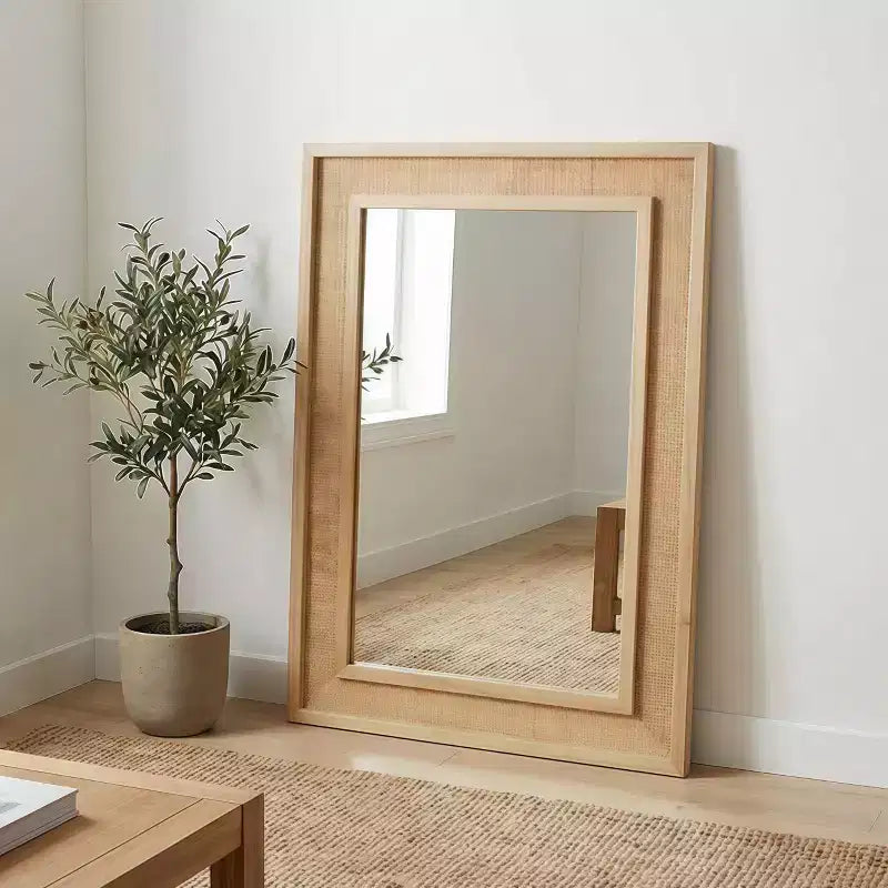Specchio Decorativo Rettangolare in Rattan con Cornice in Legno Massello - Stile Rustico, Bagno e Ingresso