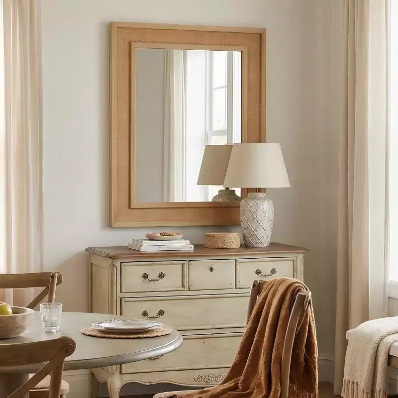 Specchio Decorativo Rettangolare in Rattan con Cornice in Legno Massello - Stile Rustico, Bagno e Ingresso