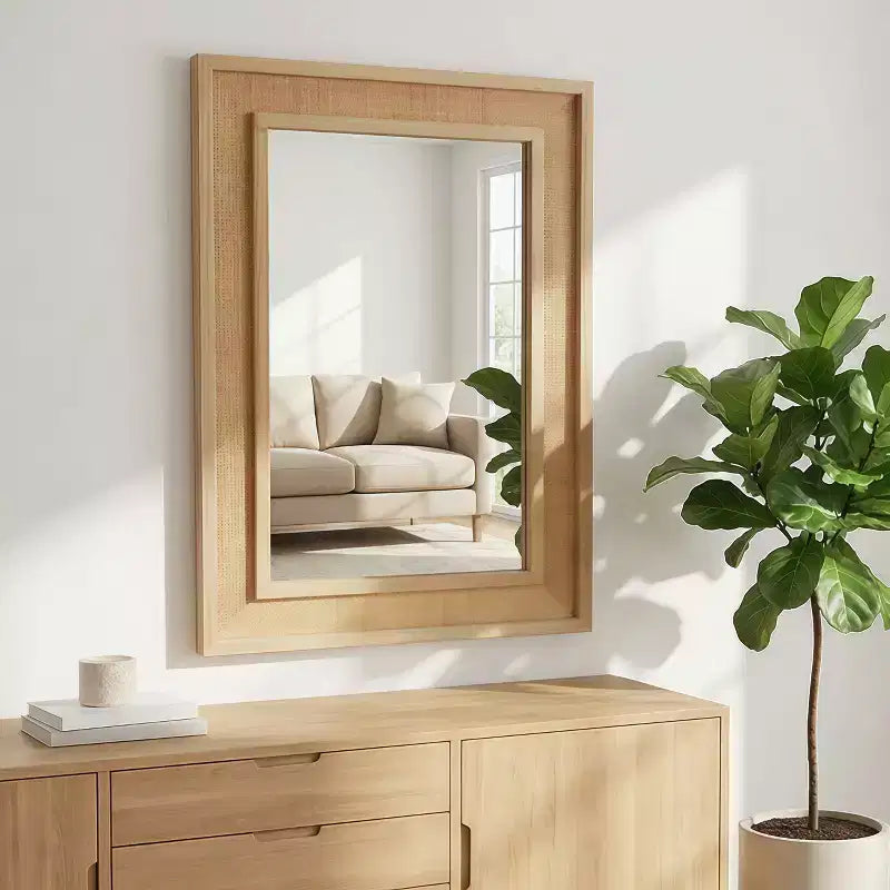 Specchio Decorativo Rettangolare in Rattan con Cornice in Legno Massello - Stile Rustico, Bagno e Ingresso