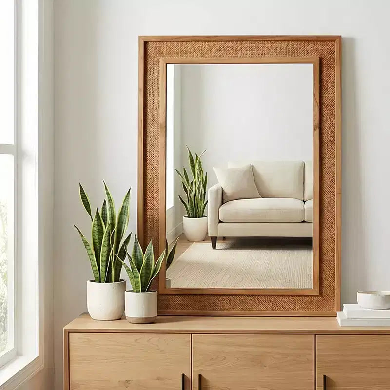 Specchio Decorativo Rettangolare in Rattan con Cornice in Legno Massello - Stile Rustico, Bagno e Ingresso