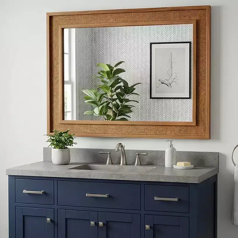 Specchio Decorativo Rettangolare in Rattan con Cornice in Legno Massello - Stile Rustico, Bagno e Ingresso