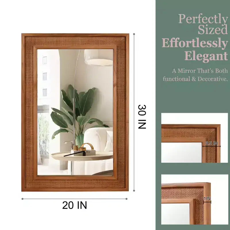 Specchio Decorativo Rettangolare in Rattan con Cornice in Legno Massello - Stile Rustico, Bagno e Ingresso
