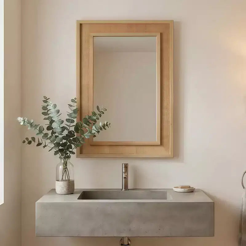 Specchio Decorativo Rettangolare in Rattan con Cornice in Legno Massello - Stile Rustico, Bagno e Ingresso