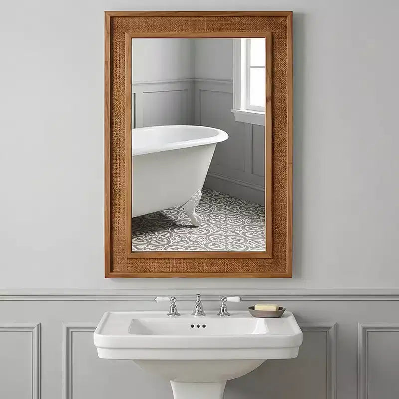 Specchio Decorativo Rettangolare in Rattan con Cornice in Legno Massello - Stile Rustico, Bagno e Ingresso