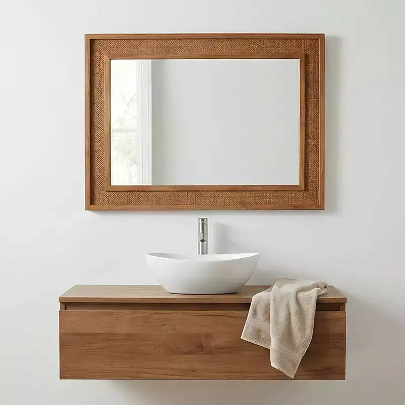 Specchio Decorativo Rettangolare in Rattan con Cornice in Legno Massello - Stile Rustico, Bagno e Ingresso