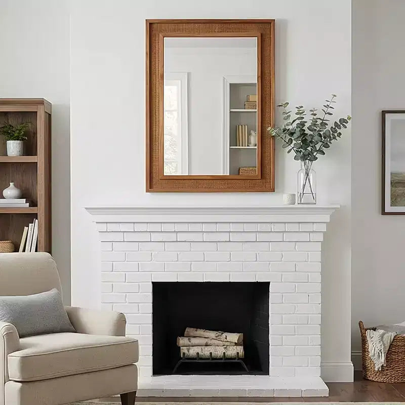Specchio Decorativo Rettangolare in Rattan con Cornice in Legno Massello - Stile Rustico, Bagno e Ingresso