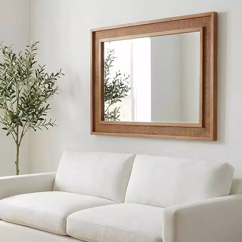 Specchio Decorativo Rettangolare in Rattan con Cornice in Legno Massello - Stile Rustico, Bagno e Ingresso