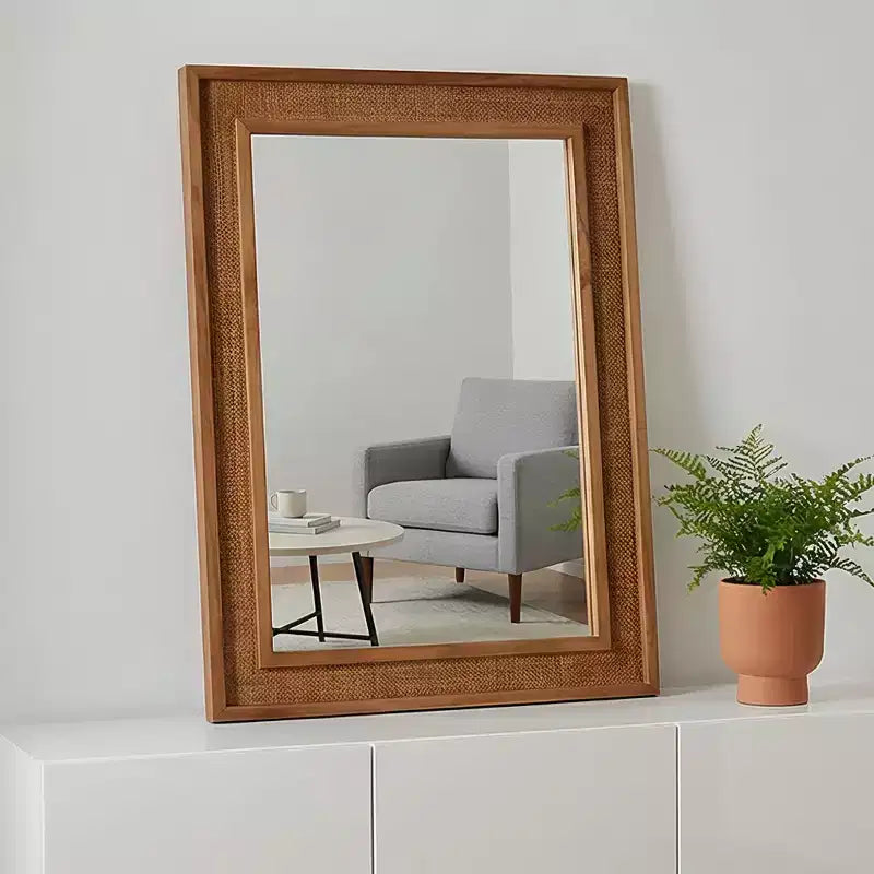 Specchio Decorativo Rettangolare in Rattan con Cornice in Legno Massello - Stile Rustico, Bagno e Ingresso