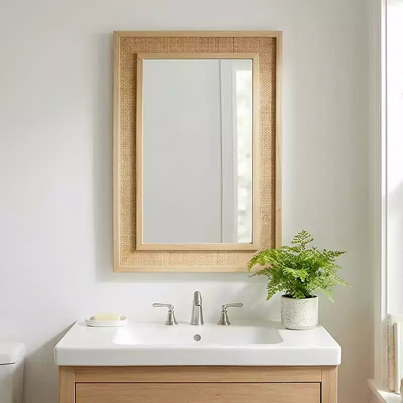 Specchio Decorativo Rettangolare in Rattan con Cornice in Legno Massello - Stile Rustico, Bagno e Ingresso