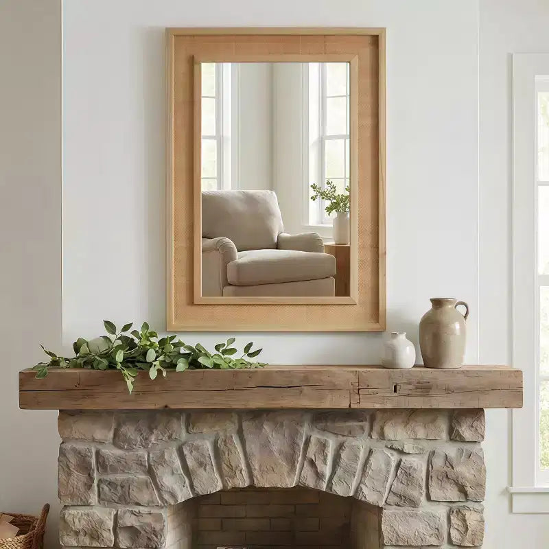 Specchio Decorativo Rettangolare in Rattan con Cornice in Legno Massello - Stile Rustico, Bagno e Ingresso