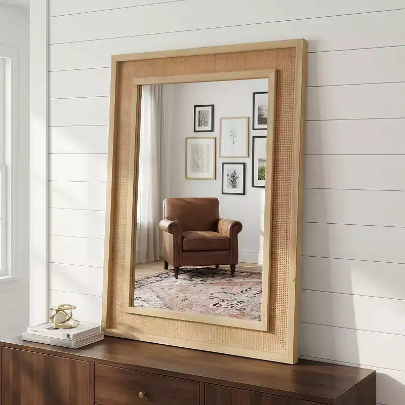 Specchio Decorativo Rettangolare in Rattan con Cornice in Legno Massello - Stile Rustico, Bagno e Ingresso