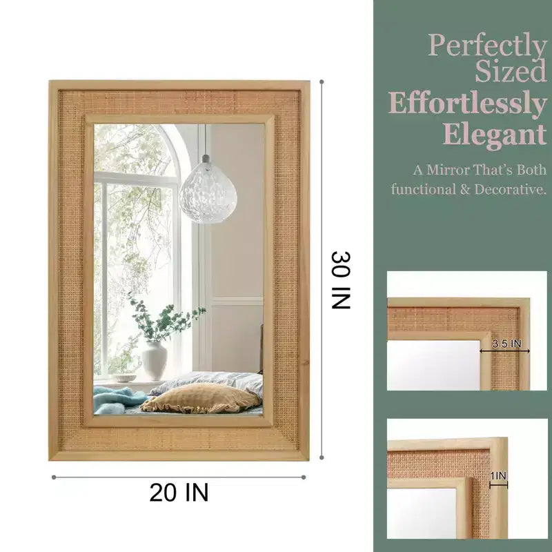 Specchio Decorativo Rettangolare in Rattan con Cornice in Legno Massello - Stile Rustico, Bagno e Ingresso