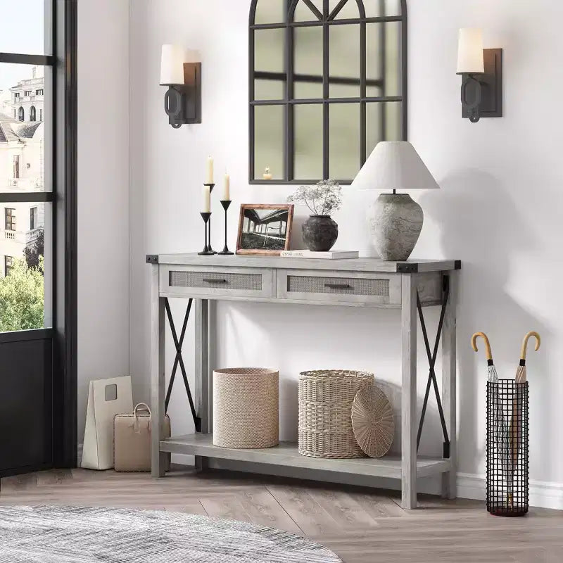 Consolle da Ingresso con Cassetti in Rattan, Tavolo Consolle in Legno da 43 pollici per Ingresso, Tavolino da Divano con Contenitore per Soggiorno, Corridoio, Atrio