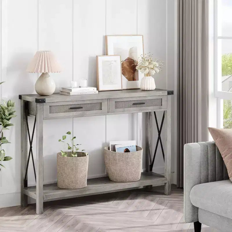 Consolle da Ingresso con Cassetti in Rattan, Tavolo Consolle in Legno da 43 pollici per Ingresso, Tavolino da Divano con Contenitore per Soggiorno, Corridoio, Atrio