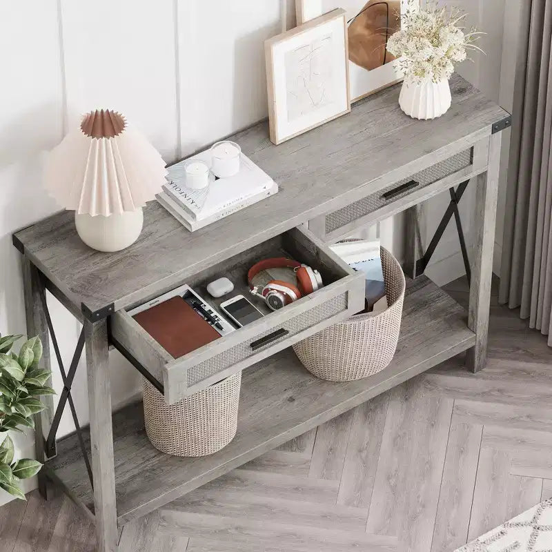 Consolle da Ingresso con Cassetti in Rattan, Tavolo Consolle in Legno da 43 pollici per Ingresso, Tavolino da Divano con Contenitore per Soggiorno, Corridoio, Atrio