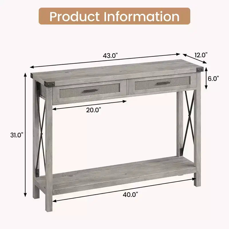 Consolle da Ingresso con Cassetti in Rattan, Tavolo Consolle in Legno da 43 pollici per Ingresso, Tavolino da Divano con Contenitore per Soggiorno, Corridoio, Atrio