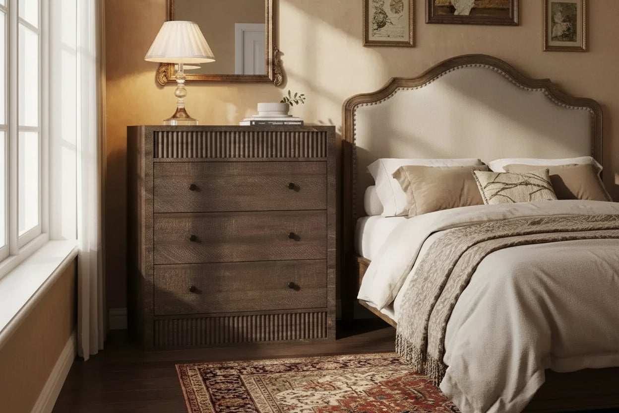 31.5 Wide 3 Drawer Fluted Dresser, Modern Wooden Nightstand & Storage Cabinet, Chest of Drawers for Bedroom, Kids Room, Hallway & Living Room