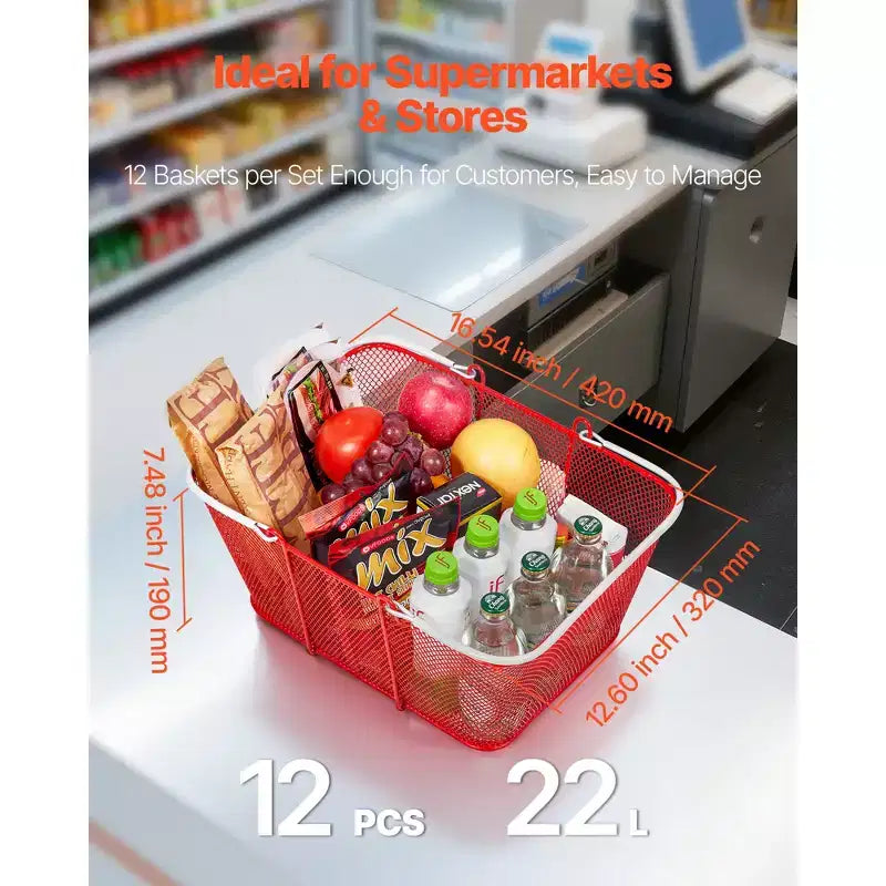 12 cestini impilabili in metallo con manici, 22 litri, a rete fitta, capacità 20 kg, rossi