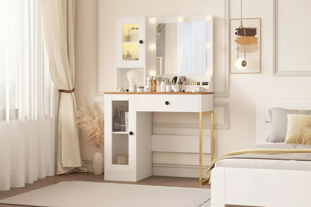 Makeup Vanity Desk with Mirror and Lights, Vanity Table with Charging Station, RGB Lights Wood Dressing Table for Bedroom, for Girls