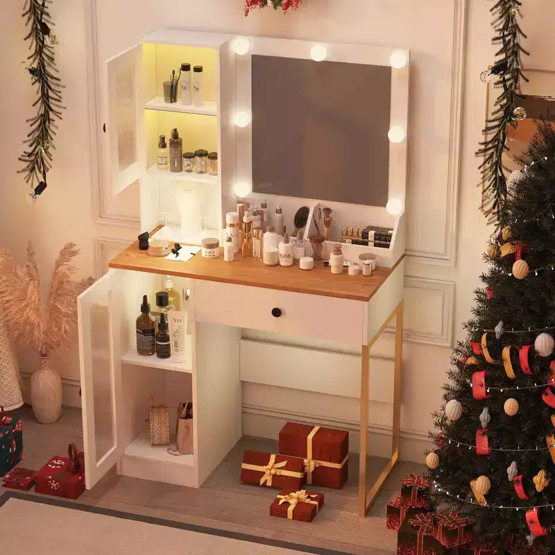 Toeletta Trucco con Specchio e Luci, Tavolo da Trucco con Stazione di Ricarica, Luci RGB, Tavolino da Comodino in Legno per Camera da Letto, per Ragazze