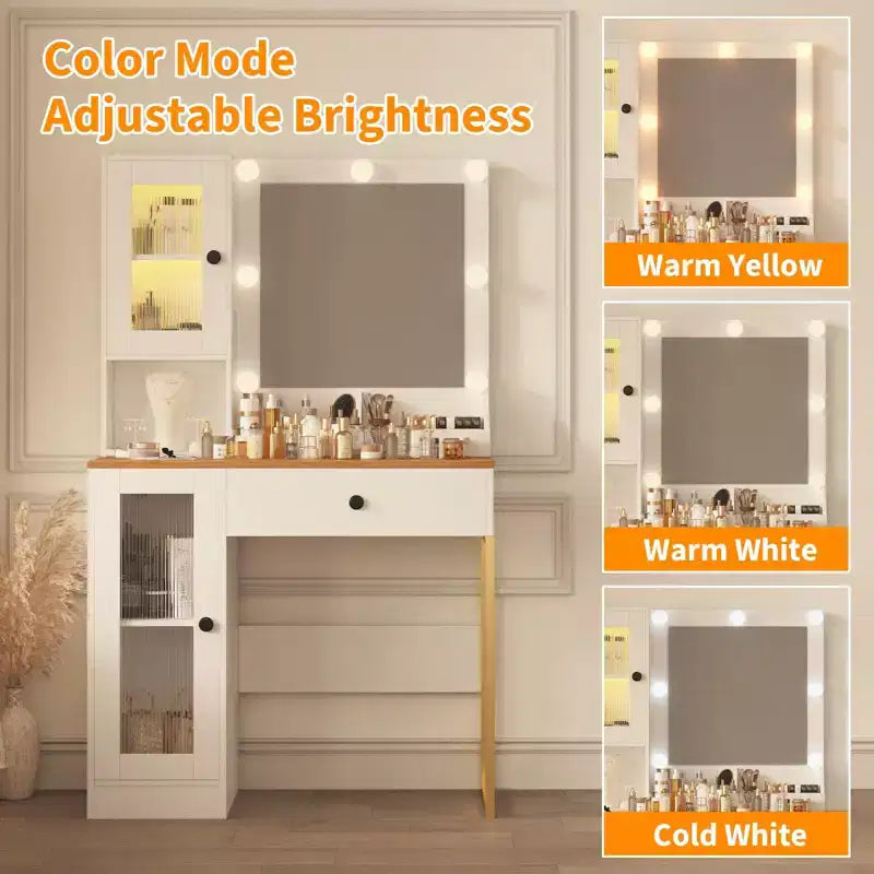Toeletta Trucco con Specchio e Luci, Tavolo da Trucco con Stazione di Ricarica, Luci RGB, Tavolino da Comodino in Legno per Camera da Letto, per Ragazze