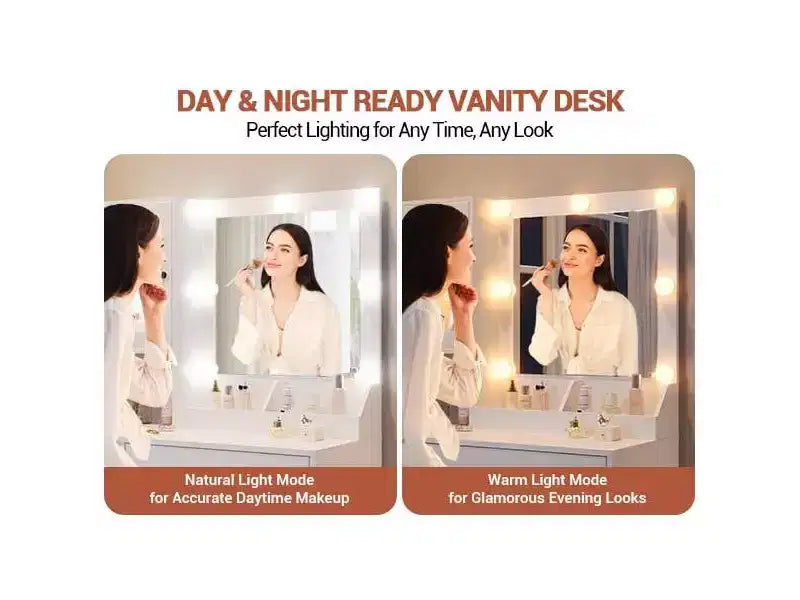 Toeletta Trucco con Specchio e Luci, Tavolo da Trucco con Stazione di Ricarica, Luci RGB, Tavolino da Comodino in Legno per Camera da Letto, per Ragazze