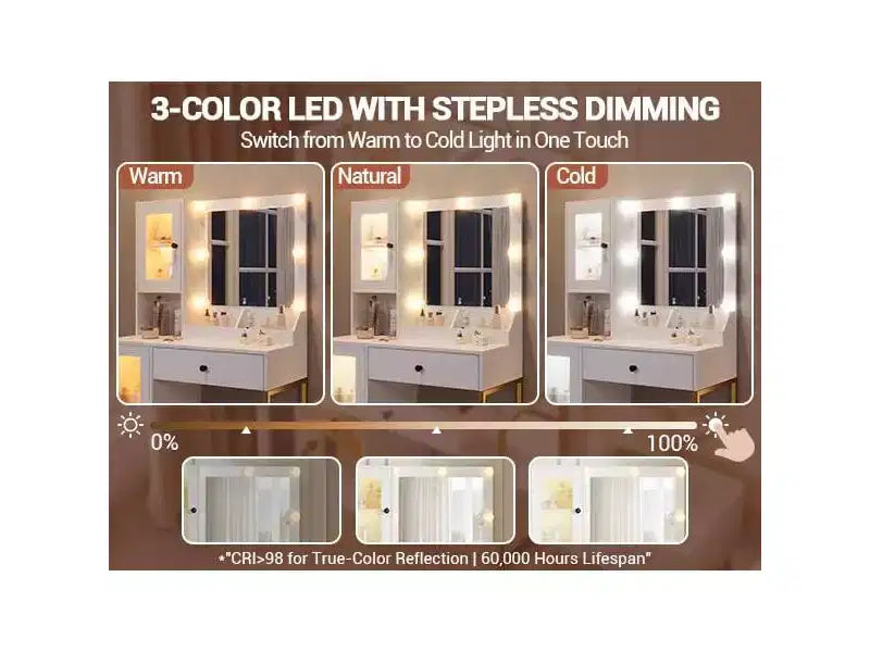 Toeletta Trucco con Specchio e Luci, Tavolo da Trucco con Stazione di Ricarica, Luci RGB, Tavolino da Comodino in Legno per Camera da Letto, per Ragazze