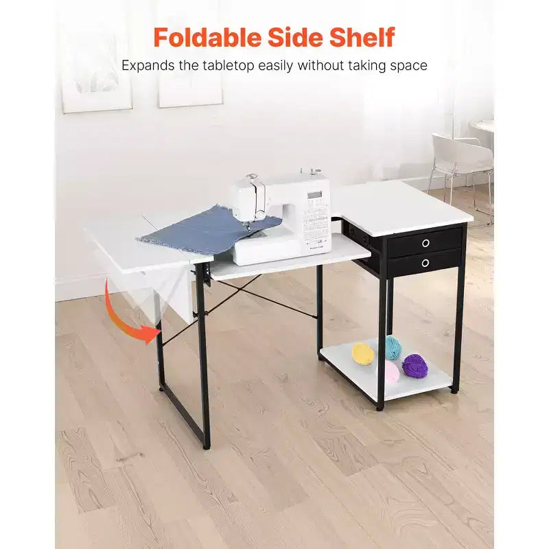 Mesa de Máquina de Coser Multiusos con Cajones, Estante Lateral Plegable, Estante Ajustable, Patas de Acero, Blanco