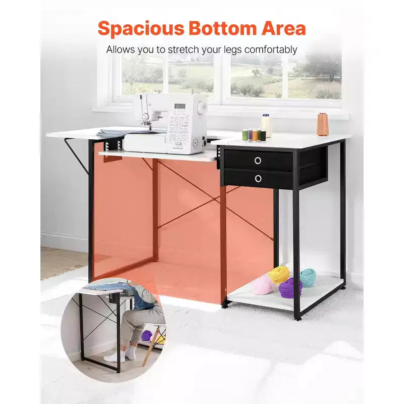 Mesa de Máquina de Coser Multiusos con Cajones, Estante Lateral Plegable, Estante Ajustable, Patas de Acero, Blanco