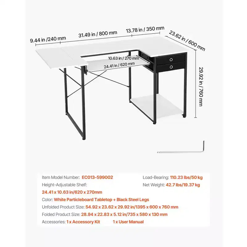 Mesa de Máquina de Coser Multiusos con Cajones, Estante Lateral Plegable, Estante Ajustable, Patas de Acero, Blanco
