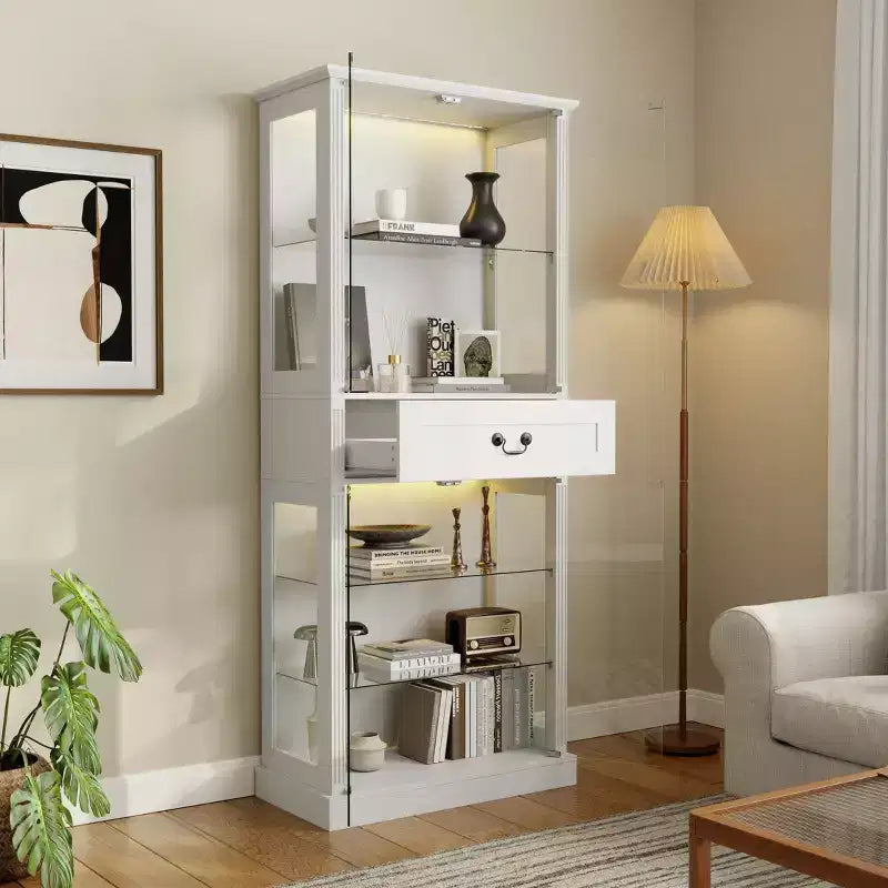 Libreria con ante in vetro e ripiani in vetro, illuminazione RGB a 7 colori, cassetto