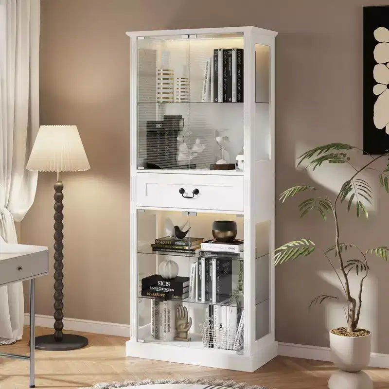 Libreria con ante in vetro e ripiani in vetro, illuminazione RGB a 7 colori, cassetto