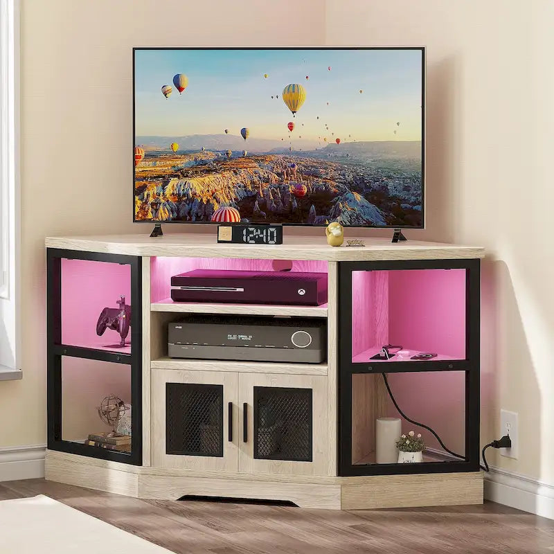 Mueble esquinero para TV estilo rústico, centro de entretenimiento y consola multimedia para televisores de hasta 55 pulgadas con toma de corriente