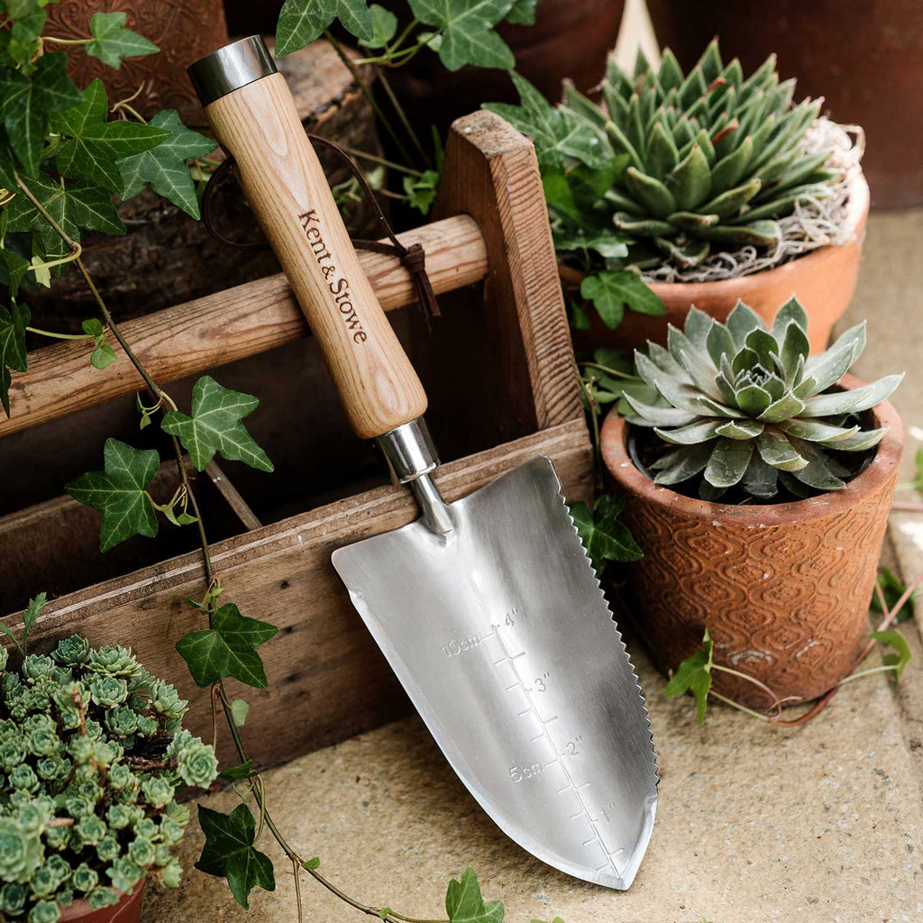 Cazzuola da giardinaggio in acciaio inossidabile con bordo seghettato e scala di profondità