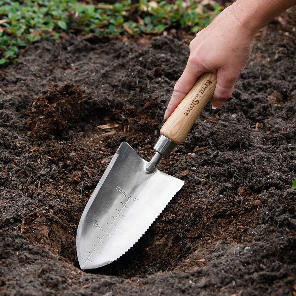 Cazzuola da giardinaggio in acciaio inossidabile con bordo seghettato e scala di profondità