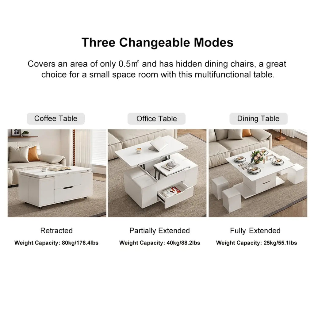Mesa de centro elevable y plegable con 4 taburetes y almacenamiento