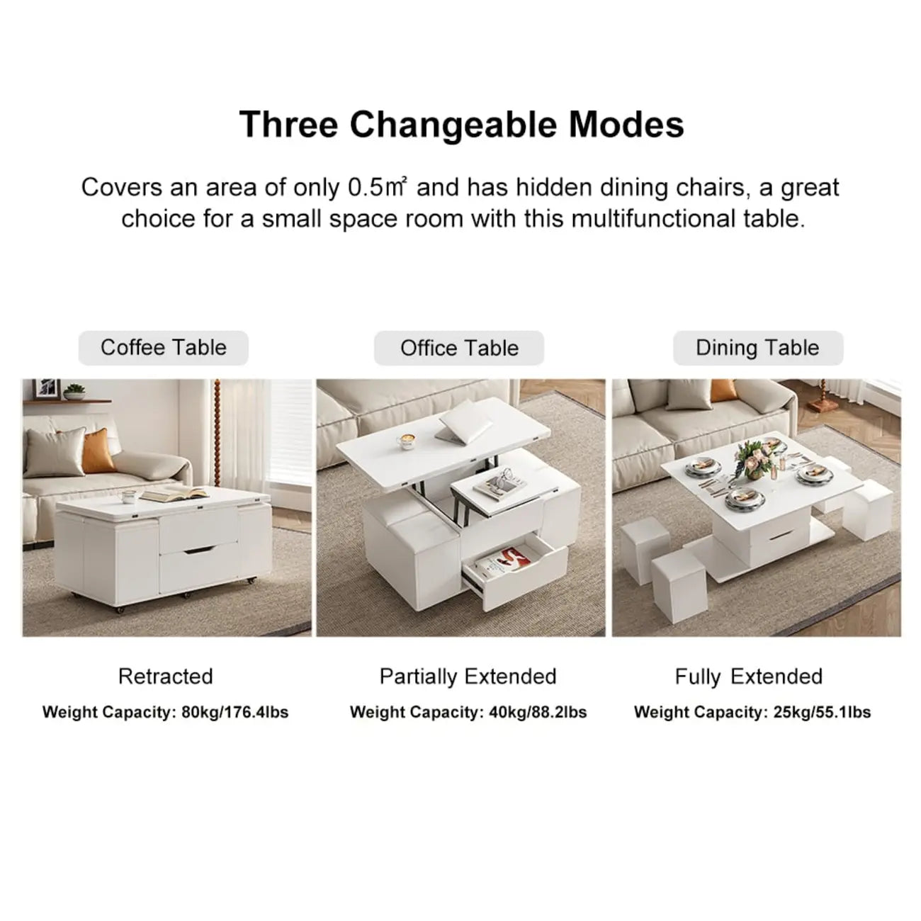 Mesa de centro elevable y plegable con 4 taburetes y almacenamiento