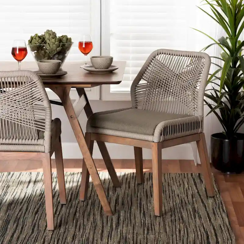 Silla de comedor moderna de caoba de estilo transicional con cuerda trenzada – Gris