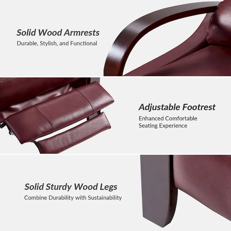 Sofá reclinable manual Alex Mid-century Modern Cigar de cuero genuino con brazos curvos de madera