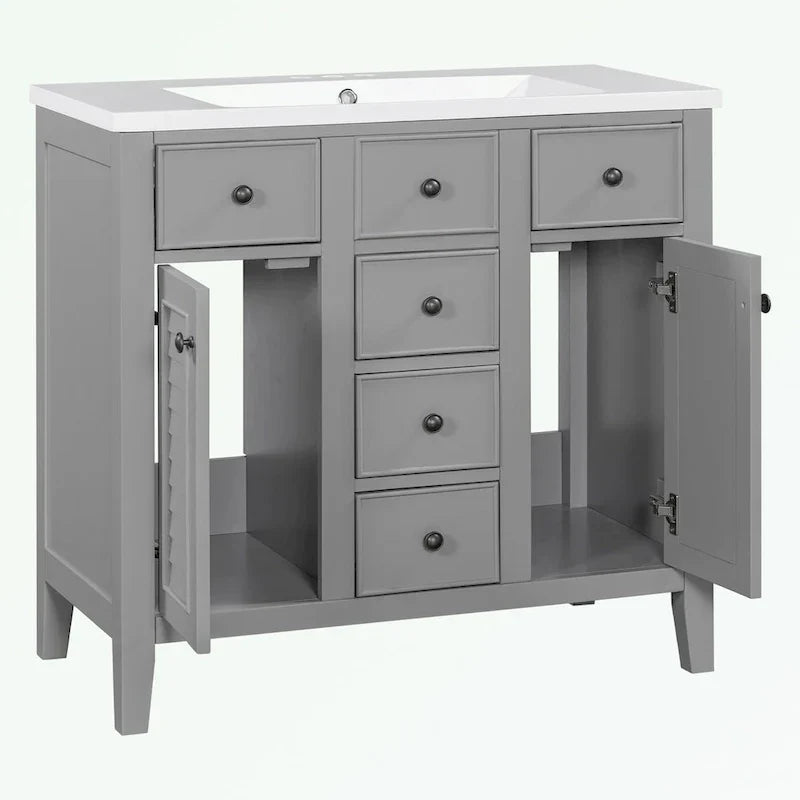 Mueble de baño con lavabo cerámico, dos armarios y cinco cajones